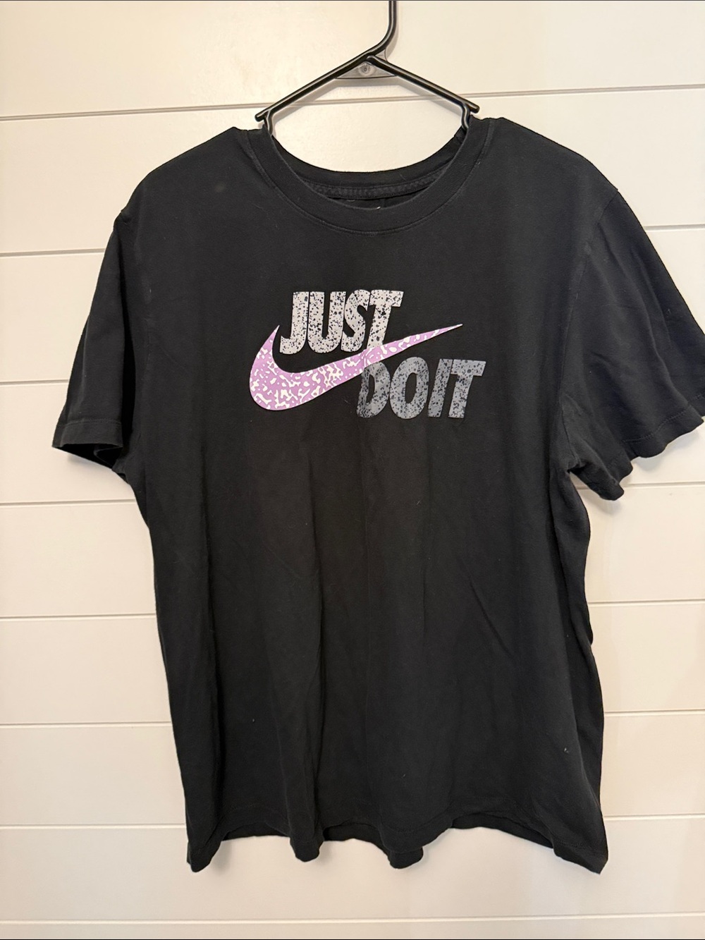 Nike Black Short Sleeve Tee with Purple Patterned Swoosh